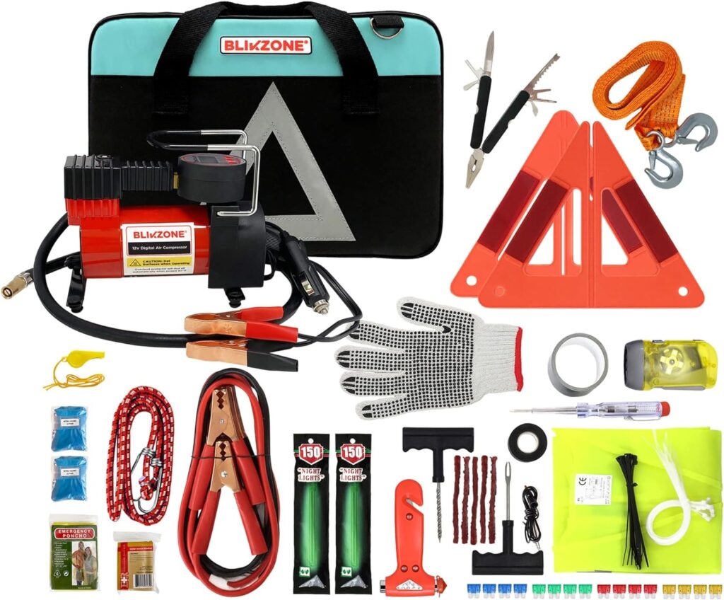 BLIKZONE - Camo Emergency Car Kit for Vehicles Road Trip Essential for Adults, Car Accessories for Women with Jumper Cables, Heavy Duty Digital Air Compressor, Multitool. Automotive Car Essentials.