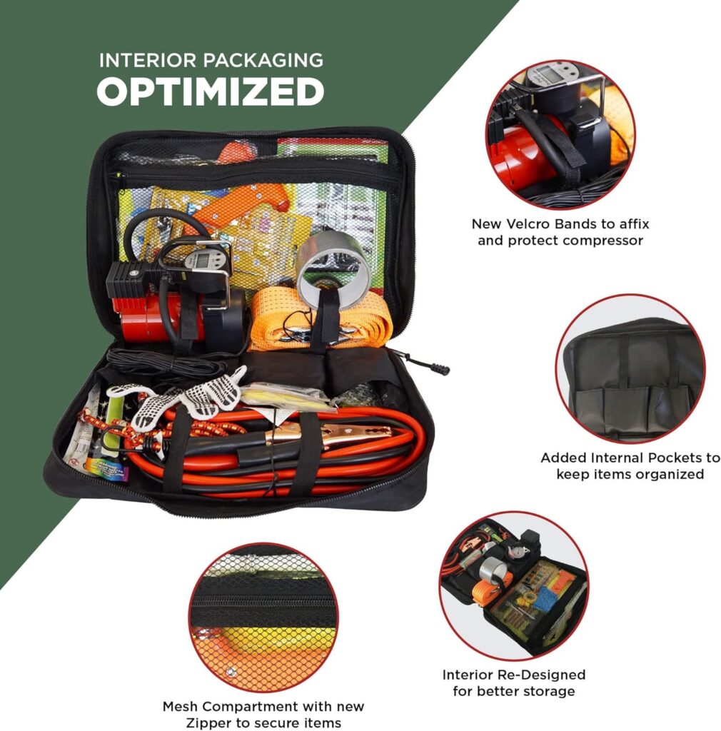 BLIKZONE - Camo Emergency Car Kit for Vehicles Road Trip Essential for Adults, Car Accessories for Women with Jumper Cables, Heavy Duty Digital Air Compressor, Multitool. Automotive Car Essentials.