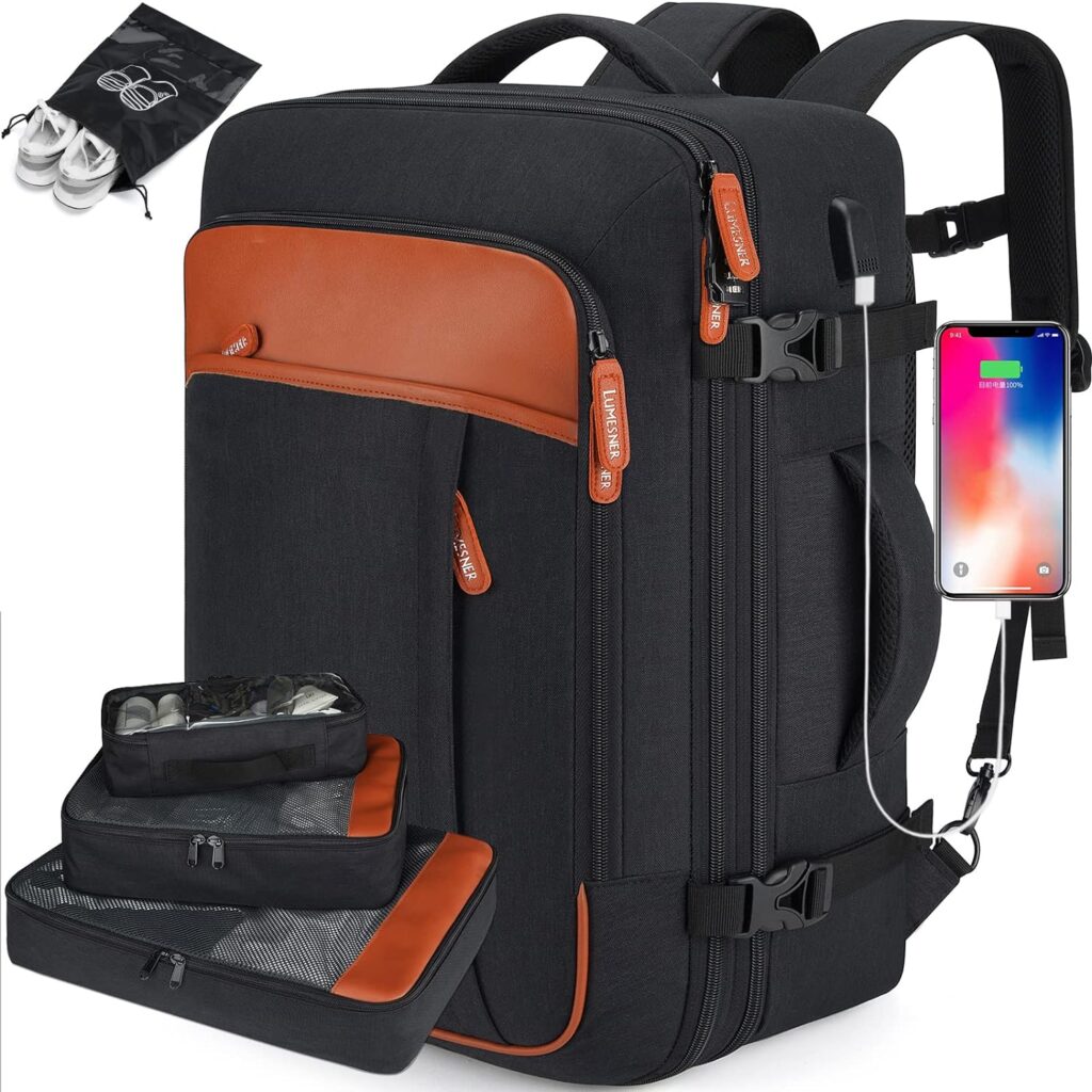 Carry on Travel Backpacks, Extra Large 40L Flight Approved for Men  Women,Expandable Suitcase With 4 Packing Cubes,Water Resistant Luggage Daypack Business Weekender Bag,Black