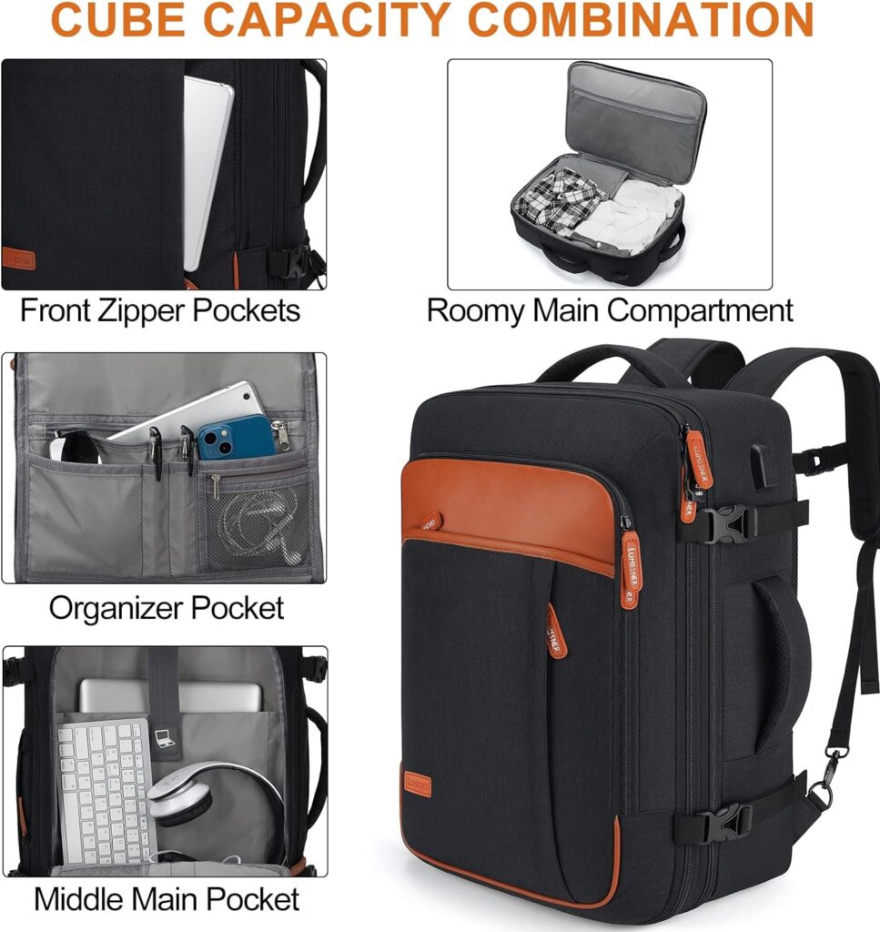 Carry on Travel Backpacks, Extra Large 40L Flight Approved for Men  Women,Expandable Suitcase With 4 Packing Cubes,Water Resistant Luggage Daypack Business Weekender Bag,Black