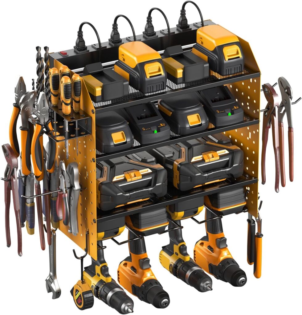 CCCEI Modular Pegboard Rack Power Tool Organizer with Charging Station. 4 Layer Wall Mount Drill Holder, Yellow Tool Battery Charger Organizer. Garage Shop Storage Utility Shelf with Power Strip. CCCEI Modular Pegboard Rack Power Tool Organizer with Charging Station. 4 Layer Wall Mount Drill Holder, Yellow Tool Battery Charger Organizer. Garage Shop Storage Utility Shelf with Power Strip.