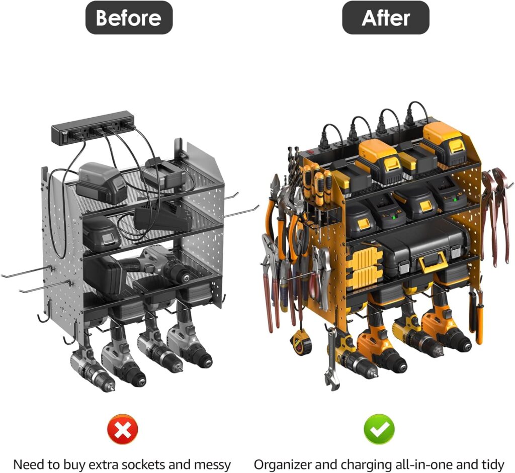 CCCEI Modular Pegboard Rack Power Tool Organizer with Charging Station. 4 Layer Wall Mount Drill Holder, Yellow Tool Battery Charger Organizer. Garage Shop Storage Utility Shelf with Power Strip. CCCEI Modular Pegboard Rack Power Tool Organizer with Charging Station. 4 Layer Wall Mount Drill Holder, Yellow Tool Battery Charger Organizer. Garage Shop Storage Utility Shelf with Power Strip.