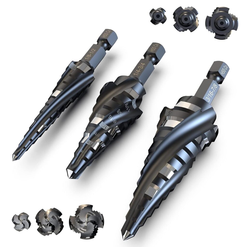 M35 Cobalt HSS Step Drill, Four Spiral Flute Cobalt Step Drill Bit,1/8-7/8(3PCS) Hex Shank Unibit for Aluminum, Stainless Steel, Metal, Wood, Plastic.