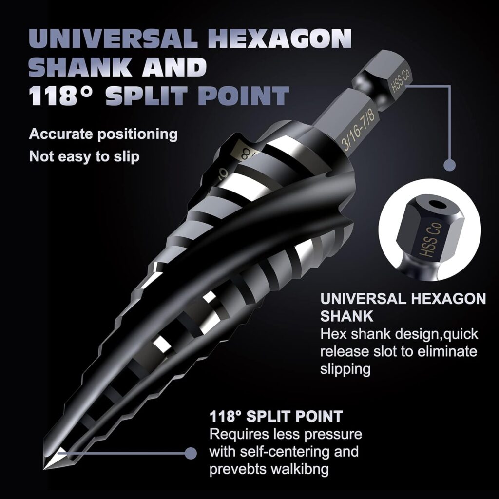 M35 Cobalt HSS Step Drill, Four Spiral Flute Cobalt Step Drill Bit,1/8-7/8(3PCS) Hex Shank Unibit for Aluminum, Stainless Steel, Metal, Wood, Plastic.