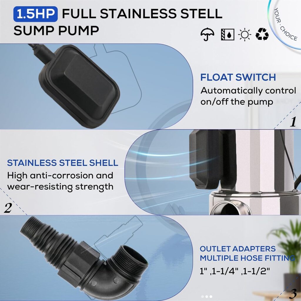 MEDAS 1.5HP 4250GPH Full Stainless Steel Water Sump Pump, Clean/Dirty Submersible Pump with Automatic ON/OFF Float Switch, Water Removal for Basement Pool Pond Garden and Hot Tub