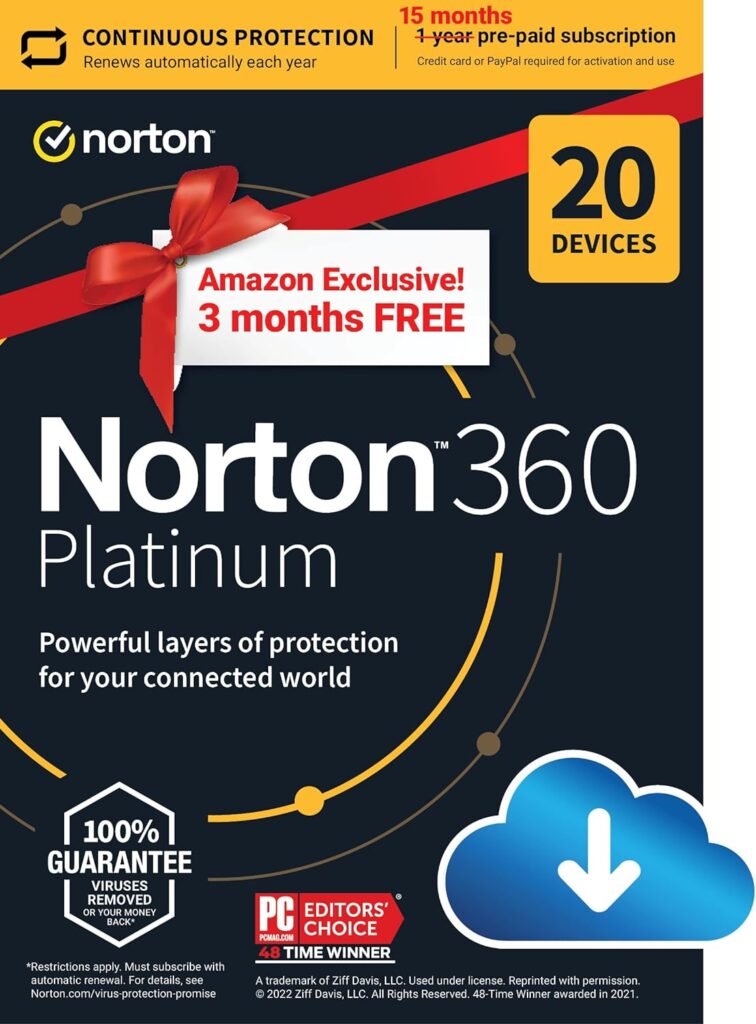 Norton 360 Platinum, 2024 Ready, Antivirus software for 20 Devices with Auto Renewal - 3 Months FREE - Includes VPN, PC Cloud Backup  Dark Web Monitoring [Download]