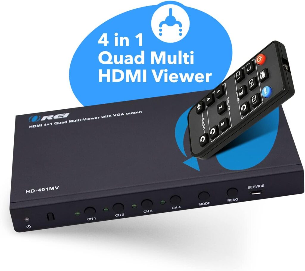 OREI 4K Multi HDMI Viewer Quad 4 in 1 Out, Switcher 4 Ports Seamless IR Remote Support 4K @ 60Hz 1080P for PS4/PC/DVD/Security Camera, HDMI Switch Optical Audio L/R Output - UHD-401MV