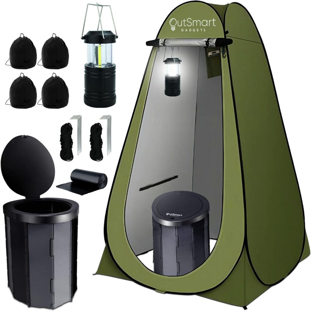 Outsmart Gadgets Outdoor Portable Toilet Set for Adults with Camping Night Lantern, Folding XL Toilet, Pop Up Privacy Tent and Carry Bags, Multipurpose Potty, Washable and Foldable for RV Travel Outsmart Gadgets Outdoor Portable Toilet Set for Adults with Camping Night Lantern, Folding XL Toilet, Pop Up Privacy Tent and Carry Bags, Multipurpose Potty, Washable and Foldable for RV Travel