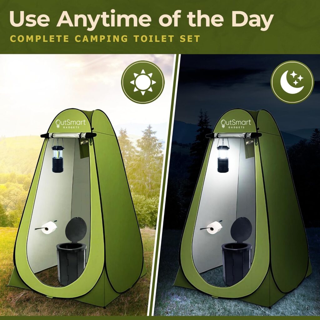 Outsmart Gadgets Outdoor Portable Toilet Set for Adults with Camping Night Lantern, Folding XL Toilet, Pop Up Privacy Tent and Carry Bags, Multipurpose Potty, Washable and Foldable for RV Travel Outsmart Gadgets Outdoor Portable Toilet Set for Adults with Camping Night Lantern, Folding XL Toilet, Pop Up Privacy Tent and Carry Bags, Multipurpose Potty, Washable and Foldable for RV Travel