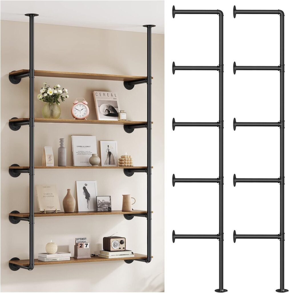 Pynsseu Industrial Iron Pipe Shelf Wall Mount, Farmhouse DIY Open Bookshelf, Pipe Shelves for Kitchen Bathroom, bookcases Living Room Storage, 2Pack of 5 Tier