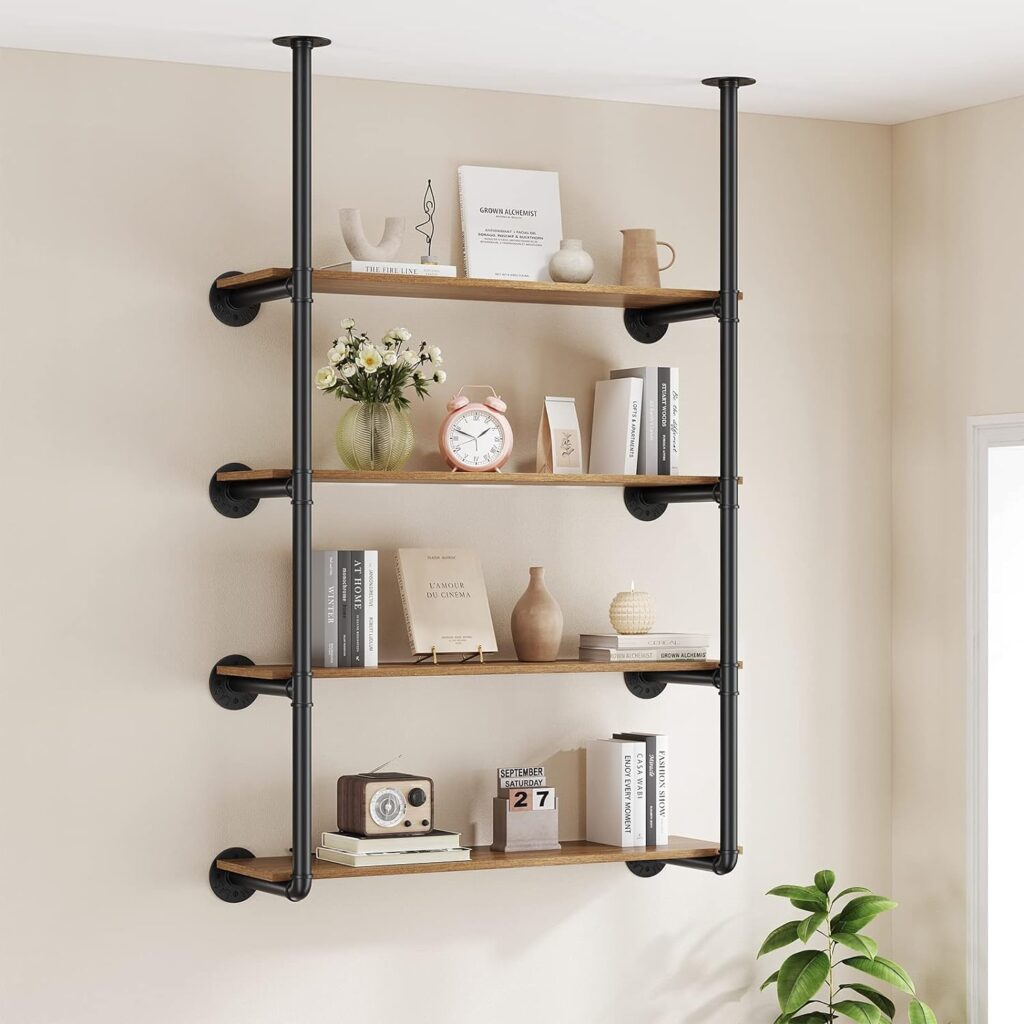 Pynsseu Industrial Iron Pipe Shelf Wall Mount, Farmhouse DIY Open Bookshelf, Pipe Shelves for Kitchen Bathroom, bookcases Living Room Storage, 2Pack of 5 Tier