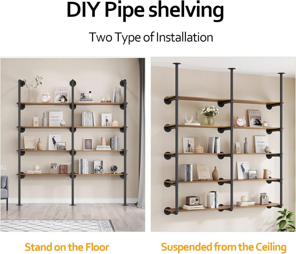 Pynsseu Industrial Iron Pipe Shelf Wall Mount, Farmhouse DIY Open Bookshelf, Pipe Shelves for Kitchen Bathroom, bookcases Living Room Storage, 2Pack of 5 Tier