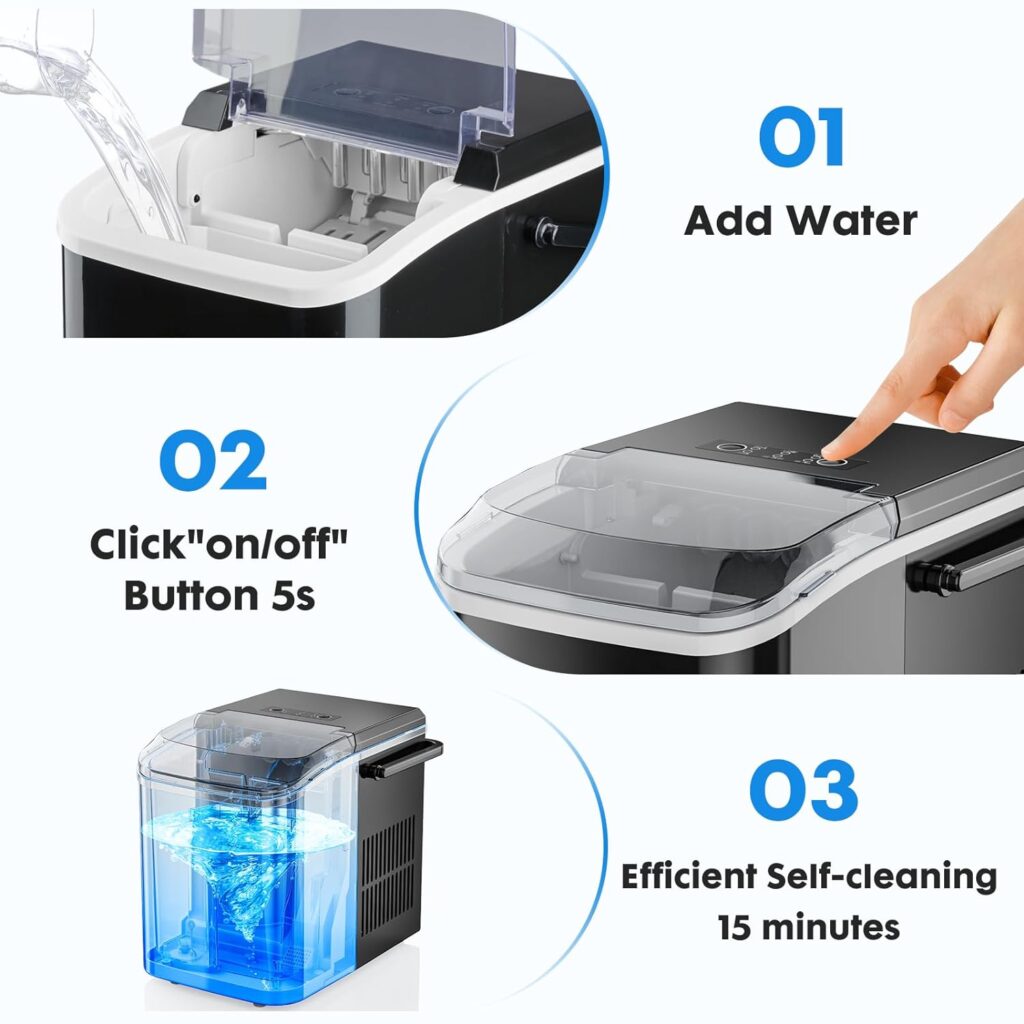 Sweetcrispy Countertop Ice Maker, Portable Ice Machine Self-Cleaning with Ice Scoop, Basket and Handle, 9 Cubes in 6 Mins, 26.5lbs/24Hrs, 2 Sizes of Bullet Ice for Home Kitchen Office Party, Black
