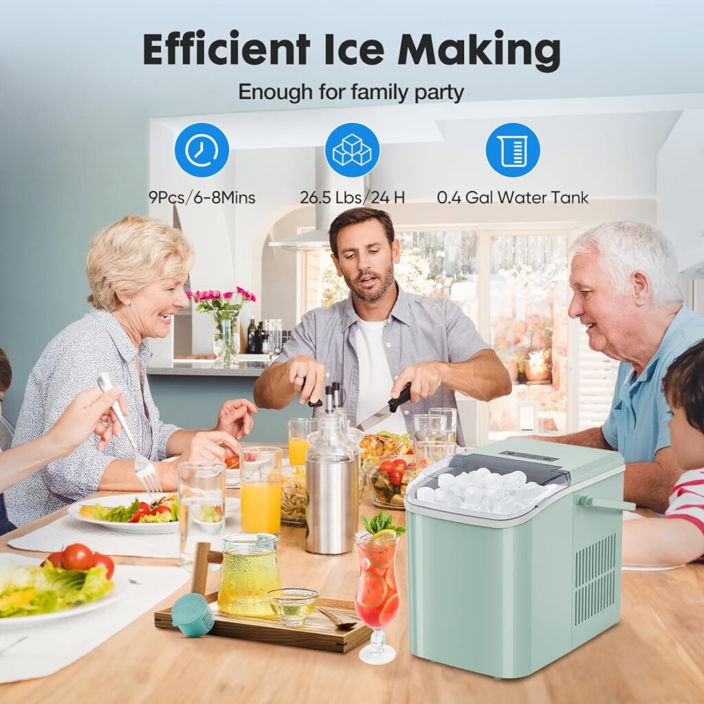 Sweetcrispy Countertop Ice Maker, Portable Ice Machine Self-Cleaning with Ice Scoop, Basket and Handle, 9 Cubes in 6 Mins, 26.5lbs/24Hrs, 2 Sizes of Bullet Ice for Home Kitchen Office Party, Black