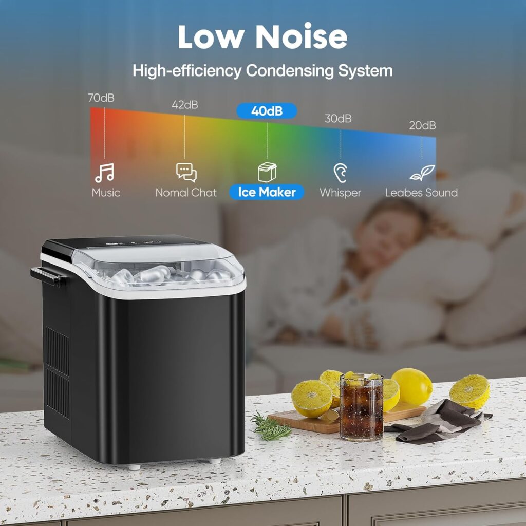 Sweetcrispy Countertop Ice Maker, Portable Ice Machine Self-Cleaning with Ice Scoop, Basket and Handle, 9 Cubes in 6 Mins, 26.5lbs/24Hrs, 2 Sizes of Bullet Ice for Home Kitchen Office Party, Black