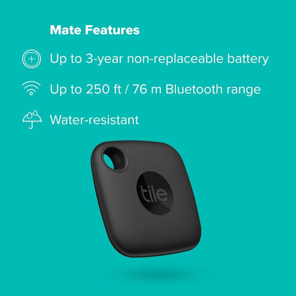 Tile Mate 3-Pack, Black. Bluetooth Tracker, Keys Finder and Item Locator for Keys, Bags and More Up to 250 ft. Range. Water-Resistant. Phone Finder. iOS and Android Compatible Tile Mate 3-Pack, Black. Bluetooth Tracker, Keys Finder and Item Locator for Keys, Bags and More Up to 250 ft. Range. Water-Resistant. Phone Finder. iOS and Android Compatible