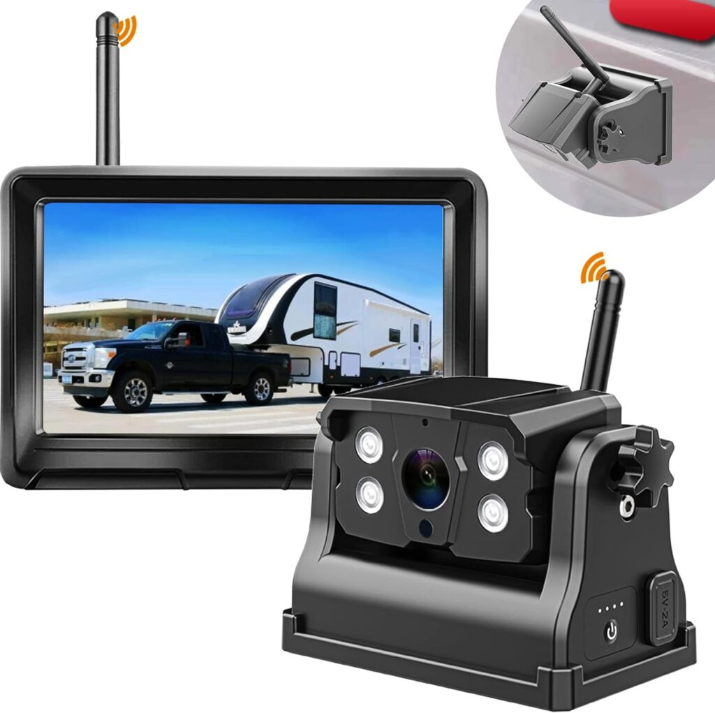 Wireless Magnetic Backup Camera for Car RV Trailer Truck Camper 5th Wheels Hitch Towing DOUXURY Rechargeable Built-In Battery Waterproof Night Vision Backup Camera with 5 Inch 1080P HD 2-Split Monitor