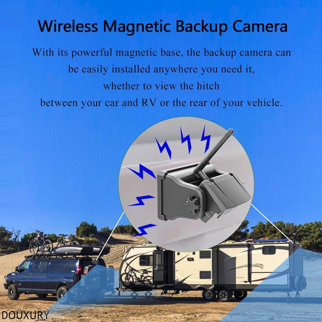 Wireless Magnetic Backup Camera for Car RV Trailer Truck Camper 5th Wheels Hitch Towing DOUXURY Rechargeable Built-In Battery Waterproof Night Vision Backup Camera with 5 Inch 1080P HD 2-Split Monitor