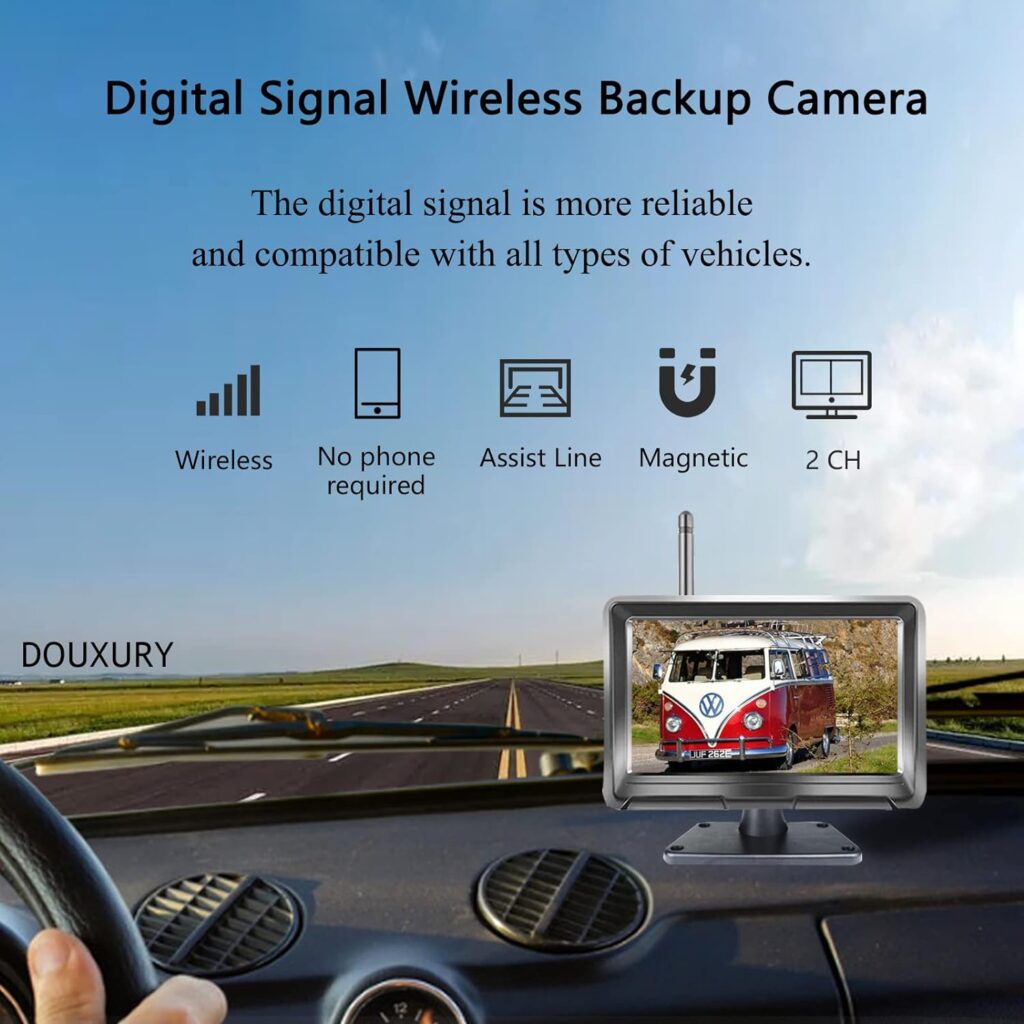 Wireless Magnetic Backup Camera for Car RV Trailer Truck Camper 5th Wheels Hitch Towing DOUXURY Rechargeable Built-In Battery Waterproof Night Vision Backup Camera with 5 Inch 1080P HD 2-Split Monitor