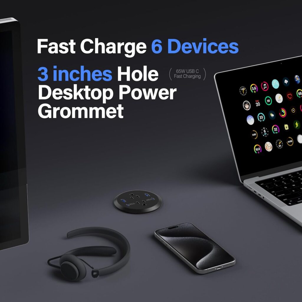 Desktop Power Grommet,GaN 65W USB C Fast Charging Port,2 AC Outlets,4 USB Ports in to The Top of Your Desk,Flush Mount Power Grommet 3-inch Hole,Countertop Outlet