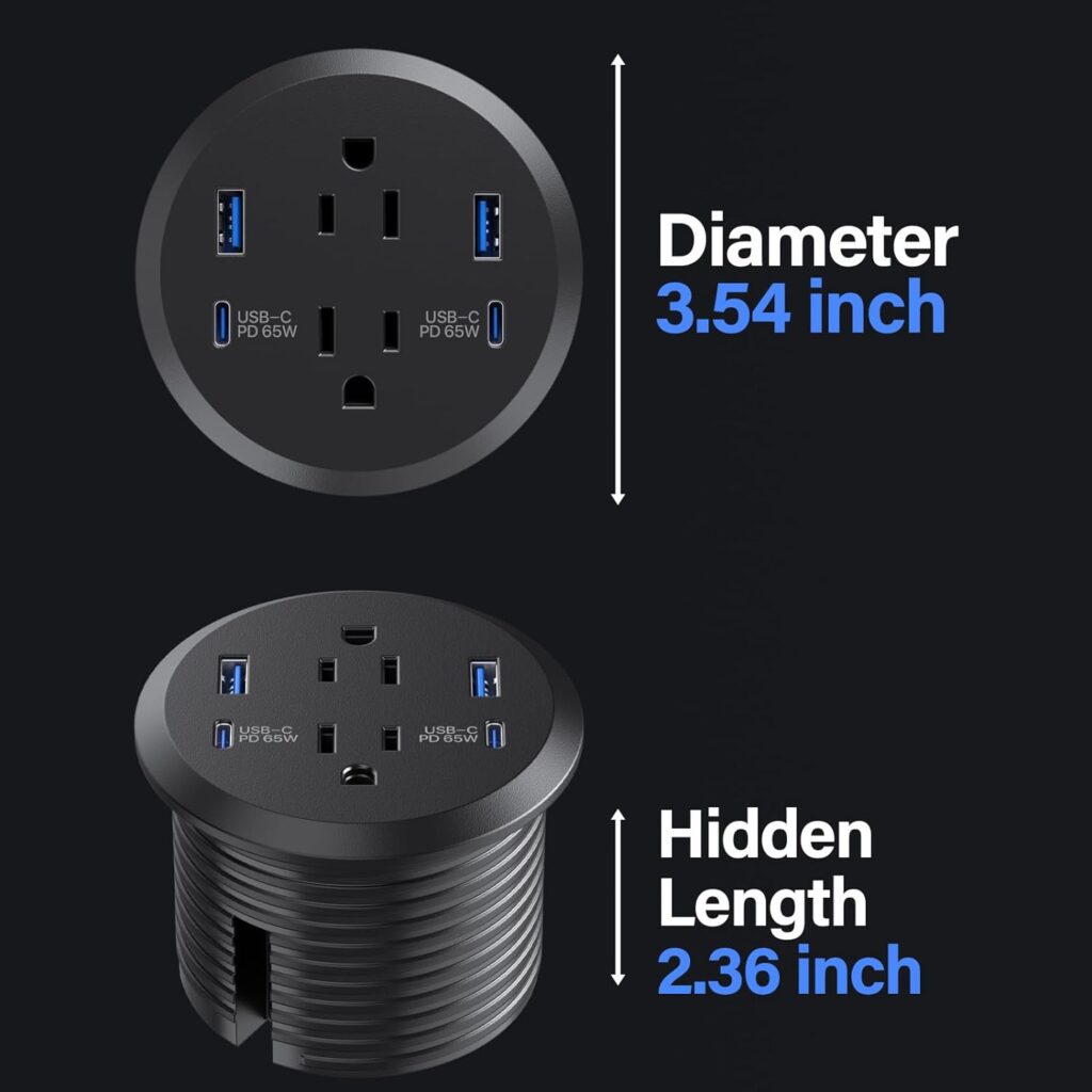 Desktop Power Grommet,GaN 65W USB C Fast Charging Port,2 AC Outlets,4 USB Ports in to The Top of Your Desk,Flush Mount Power Grommet 3-inch Hole,Countertop Outlet