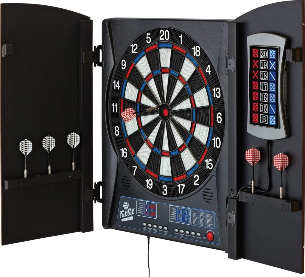 Fat Cat Mercury Electronic Dartboard, Built In Cabinet Doors With Integrated Scoreboard, Dart Storage For 6 Darts, Dual Display In Two Colors, Compact Target Face For Fast Play Fat Cat Mercury Electronic Dartboard, Built In Cabinet Doors With Integrated Scoreboard, Dart Storage For 6 Darts, Dual Display In Two Colors, Compact Target Face For Fast Play