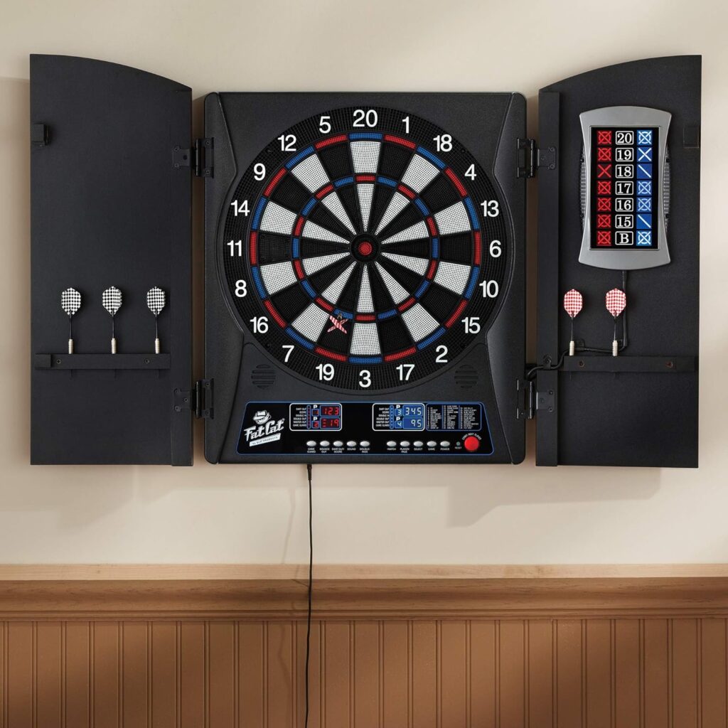 Fat Cat Mercury Electronic Dartboard, Built In Cabinet Doors With Integrated Scoreboard, Dart Storage For 6 Darts, Dual Display In Two Colors, Compact Target Face For Fast Play Fat Cat Mercury Electronic Dartboard, Built In Cabinet Doors With Integrated Scoreboard, Dart Storage For 6 Darts, Dual Display In Two Colors, Compact Target Face For Fast Play