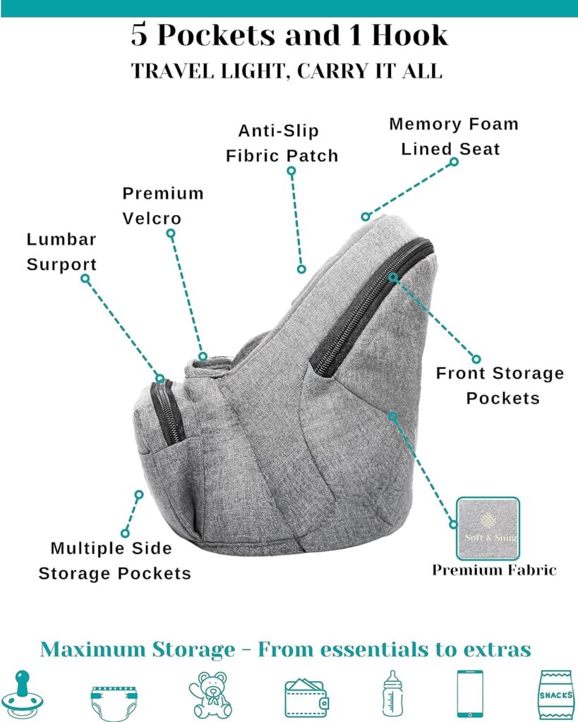 FLEEROSE - CPC-Certified Hip Seat Baby Carrier - New Ergonomic Bench Design, Multiple Pockets  Lumbar Support  Breathable Materials for Newborns  Toddlers, All Seasons  4 Positions (Grey)
