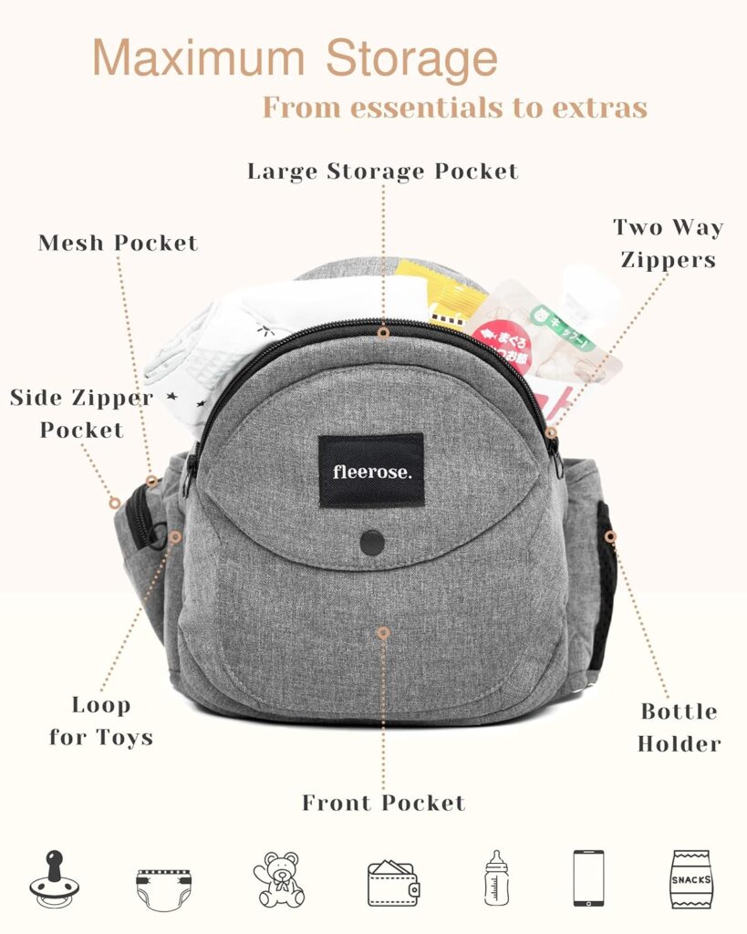 FLEEROSE - CPC-Certified Hip Seat Baby Carrier - New Ergonomic Bench Design, Multiple Pockets  Lumbar Support  Breathable Materials for Newborns  Toddlers, All Seasons  4 Positions (Grey)