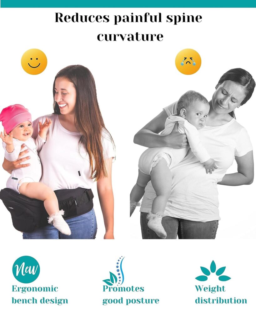 FLEEROSE - CPC-Certified Hip Seat Baby Carrier - New Ergonomic Bench Design, Multiple Pockets  Lumbar Support  Breathable Materials for Newborns  Toddlers, All Seasons  4 Positions (Grey)