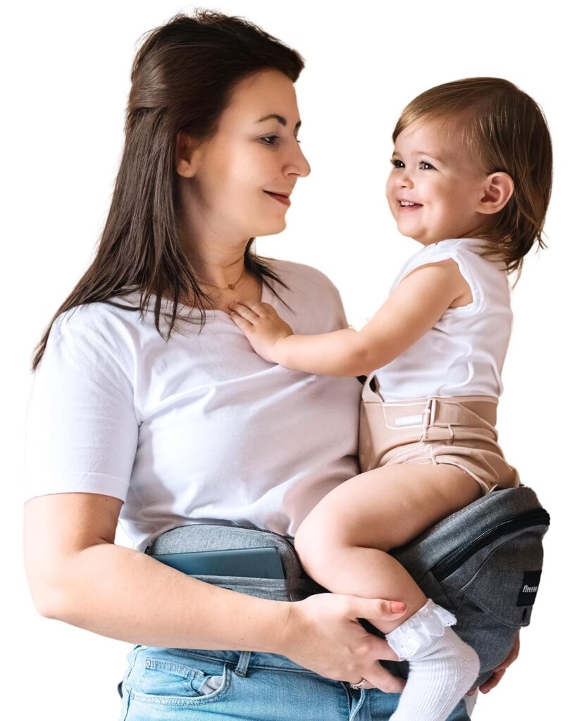 FLEEROSE - CPC-Certified Hip Seat Baby Carrier - New Ergonomic Bench Design, Multiple Pockets  Lumbar Support  Breathable Materials for Newborns  Toddlers, All Seasons  4 Positions (Grey)