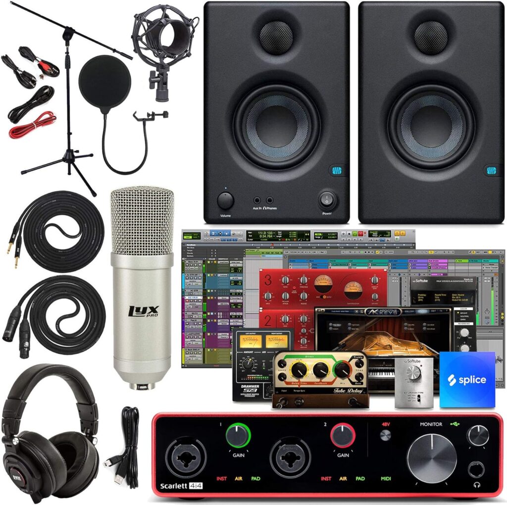 Focusrite Scarlett 4i4 4x4 USB Audio Interface Full Studio Bundle with Download for Creative Music Production Software Kit and Eris 4.5 Pair Studio Monitors and 1/4” Instrument Cables