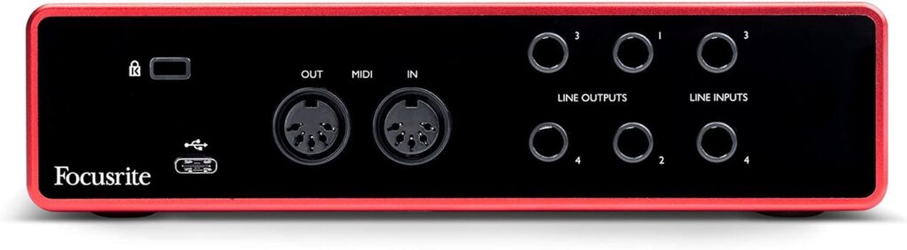 Focusrite Scarlett 4i4 4x4 USB Audio Interface Full Studio Bundle with Download for Creative Music Production Software Kit and Eris 4.5 Pair Studio Monitors and 1/4” Instrument Cables