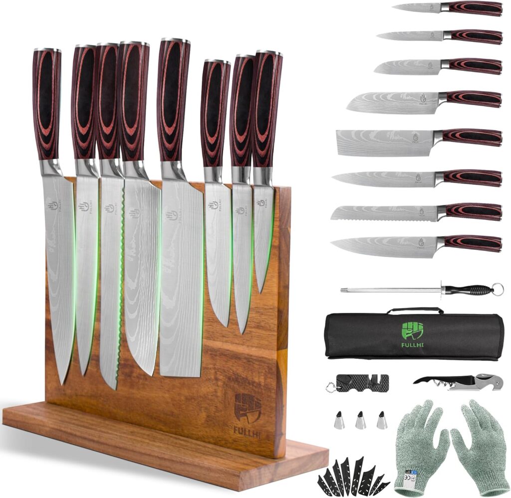 FULLHI 15pcs Japanese Knife Set with Magnetic Knife Block Holder, Premium German Stainless Steel Kitchen Knife Set FULLHI 15pcs Japanese Knife Set with Magnetic Knife Block Holder, Premium German Stainless Steel Kitchen Knife Set