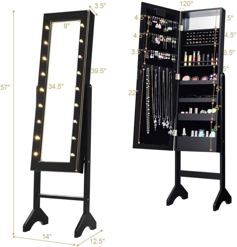 giantex standing jewelry armoire with 18 led lights around the door large storage mirrored jewelry cabinet with full len 4