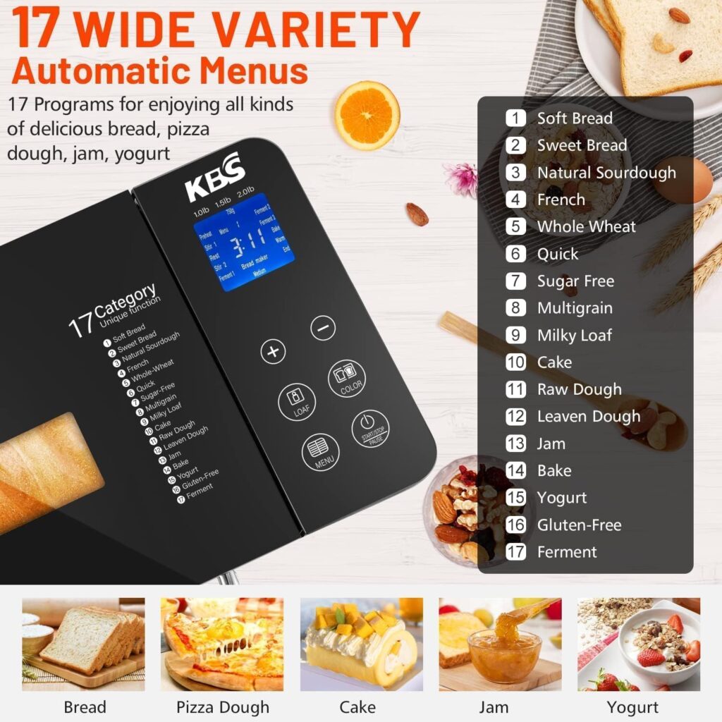 KBS 17-in-1 Bread Maker-Dual Heaters, 710W Machine Stainless Steel with Gluten-Free, Dough Maker,Jam,Yogurt PROG, Auto Nut Dispenser,Ceramic Pan Touch Panel, 3 Loaf Sizes 3 Crust Colors,Recipes KBS 17-in-1 Bread Maker-Dual Heaters, 710W Machine Stainless Steel with Gluten-Free, Dough Maker,Jam,Yogurt PROG, Auto Nut Dispenser,Ceramic Pan Touch Panel, 3 Loaf Sizes 3 Crust Colors,Recipes