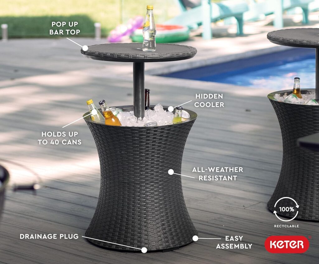 Keter Pacific Cool Bar Outdoor Patio Furniture and Hot Tub Side Table with 7.5 Gallon Beer and Wine Cooler, Grey Keter Pacific Cool Bar Outdoor Patio Furniture and Hot Tub Side Table with 7.5 Gallon Beer and Wine Cooler, Grey