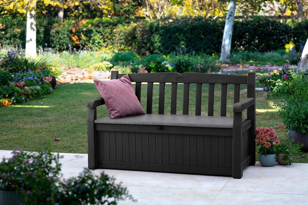 Keter Solana 70 Gallon Storage Bench Deck Box for Patio Furniture  Unity XL Portable Table and Storage Cabinet, in Dark Grey