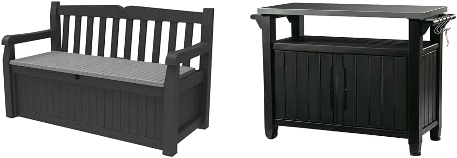Keter Solana 70 Gallon Storage Bench Deck Box for Patio Furniture  Unity XL Portable Table and Storage Cabinet, in Dark Grey