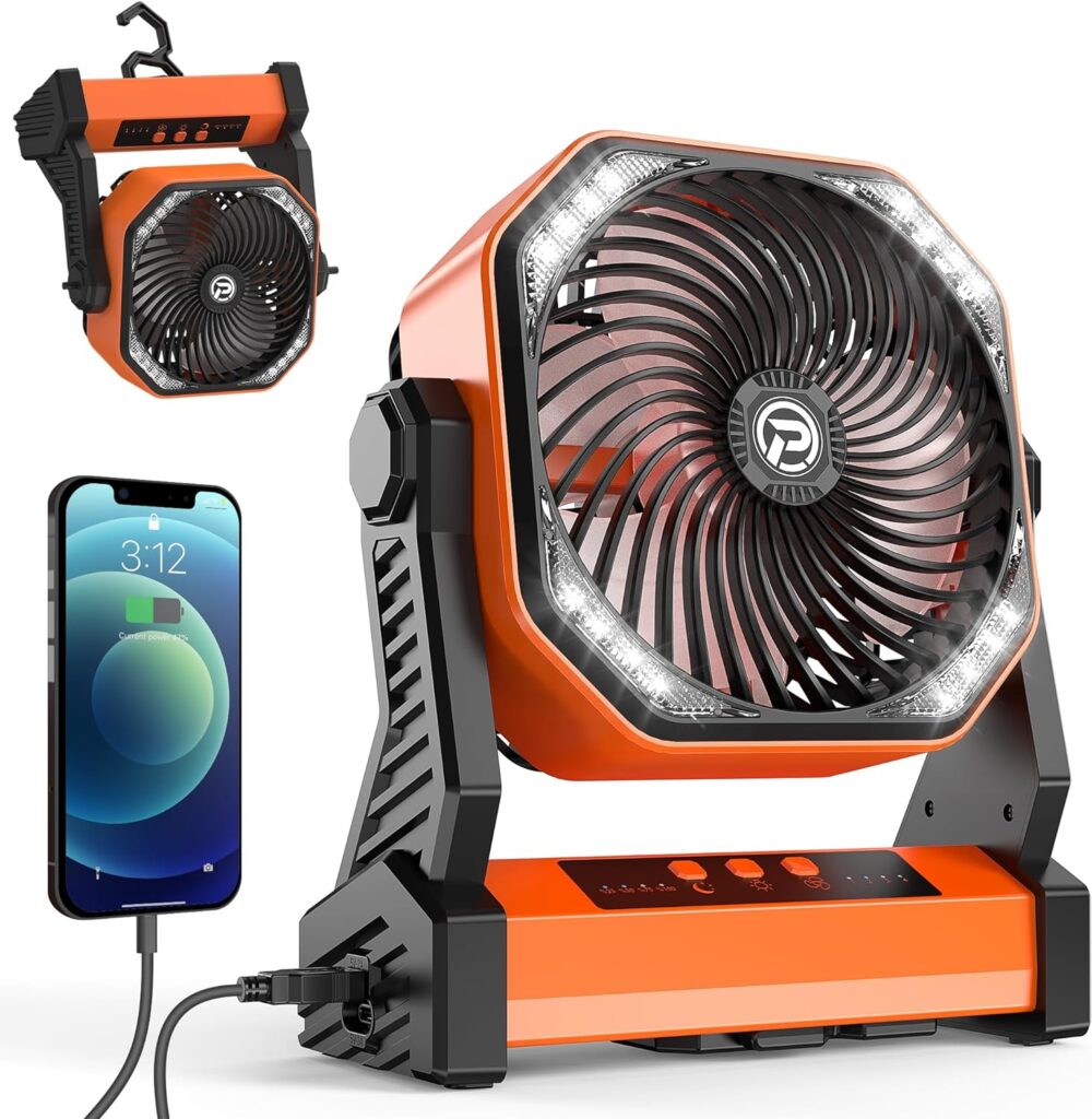KITWLEMEN Camping Fan with LED Lantern, 20000mAh Rechargeable Battery Operated Outdoor Tent Fan with Light  Hanging Hook, 4 Speeds, Personal USB Desk Fan for Camping, Power Outage, Hurricane, Jobsite