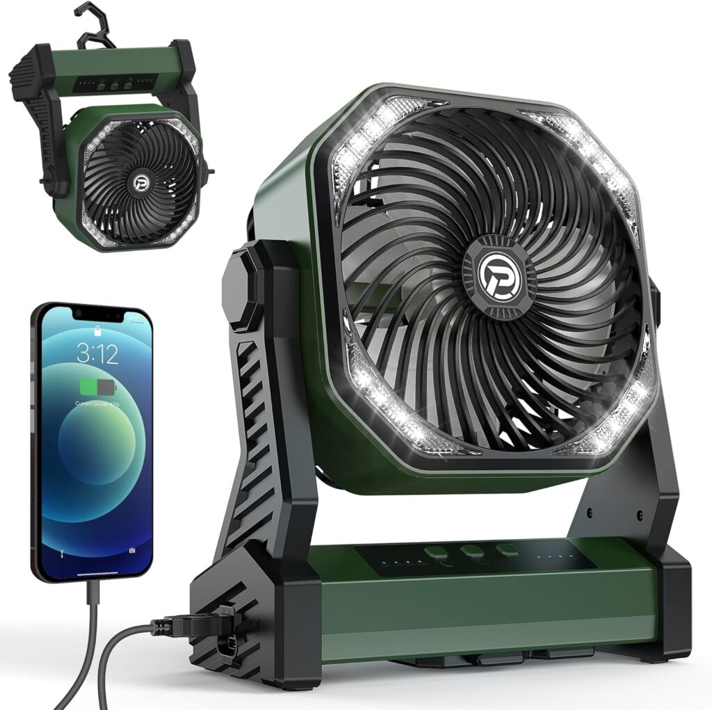 KITWLEMEN Camping Fan with LED Lantern, 20000mAh Rechargeable Battery Operated Outdoor Tent Fan with Light  Hanging Hook, 4 Speeds, Personal USB Desk Fan for Camping, Power Outage, Hurricane, Jobsite