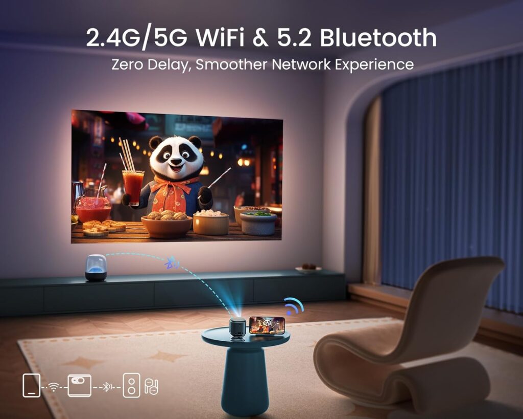 Mini Projector with Android TV, DLP and Rechargeable Battery, WiMiUS Pico Pocket Portable Projector with WiFi Bluetooth, 360°Speaker, 1080P Support, Wireless Smart Outdoor Projector for Phone/HDMI/USB